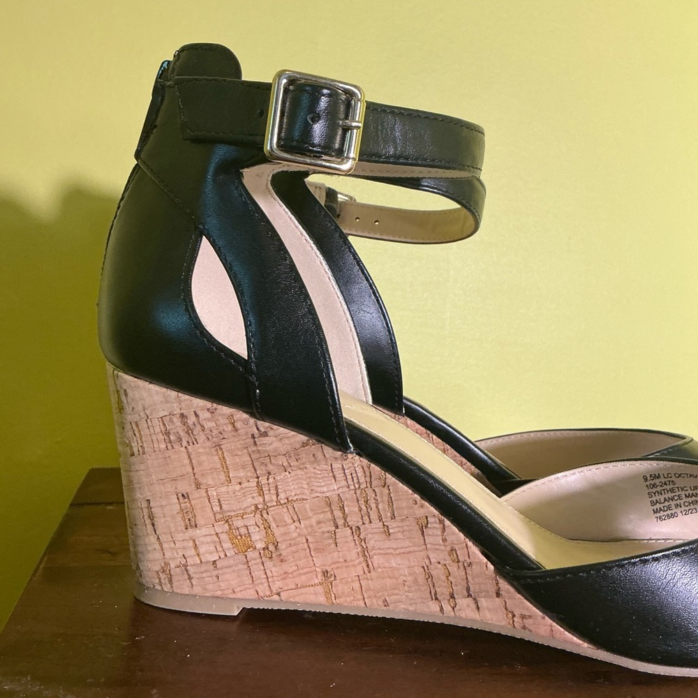 Liz Claiborne LC Octavia Black Cork Wedge Sandals Preppy Summer - Picture 6 of 7